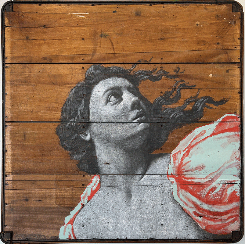 a painting of a woman on a wood surface