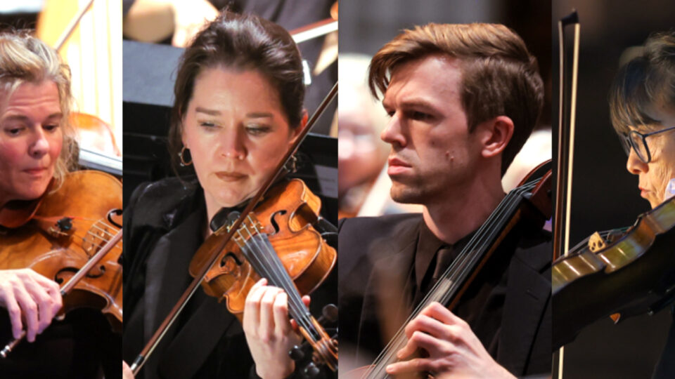 a man and woman playing violin