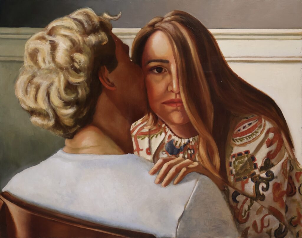 a painting of a man kissing a woman