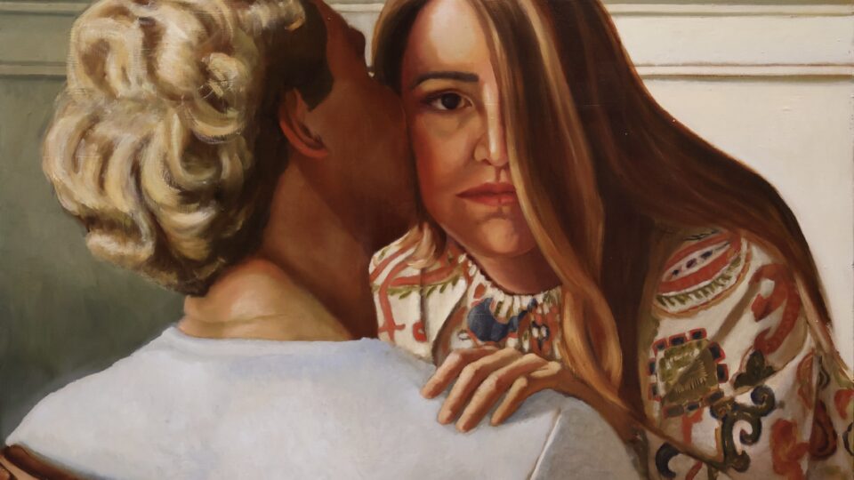 a painting of a man kissing a woman