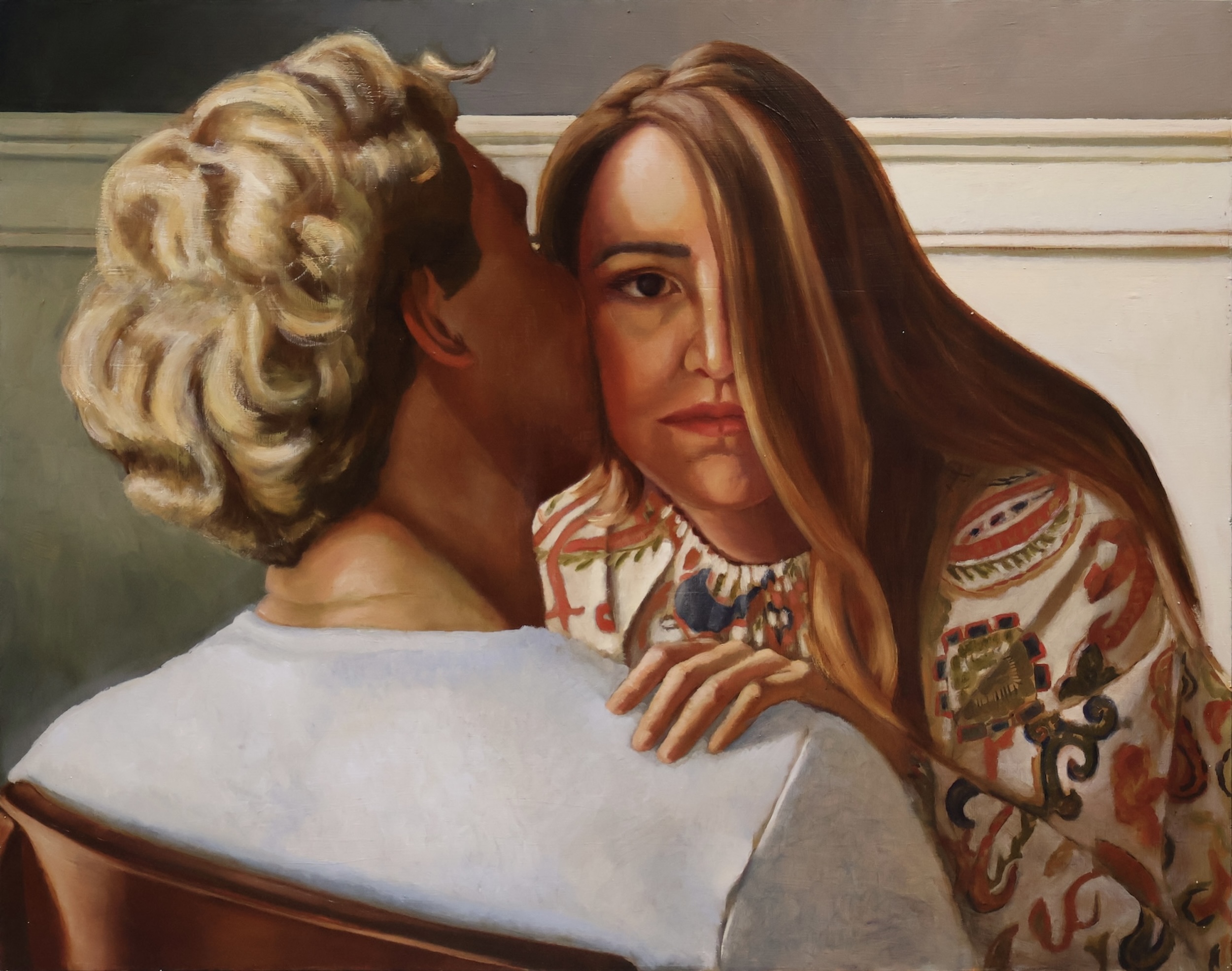 a painting of a man kissing a woman