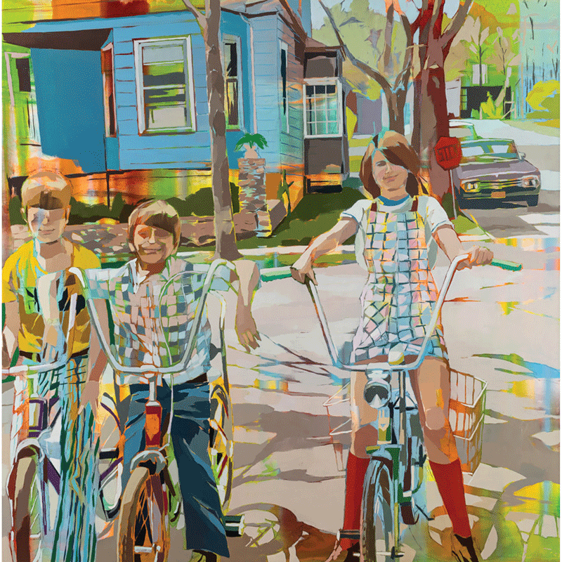 a painting of kids riding bicycles