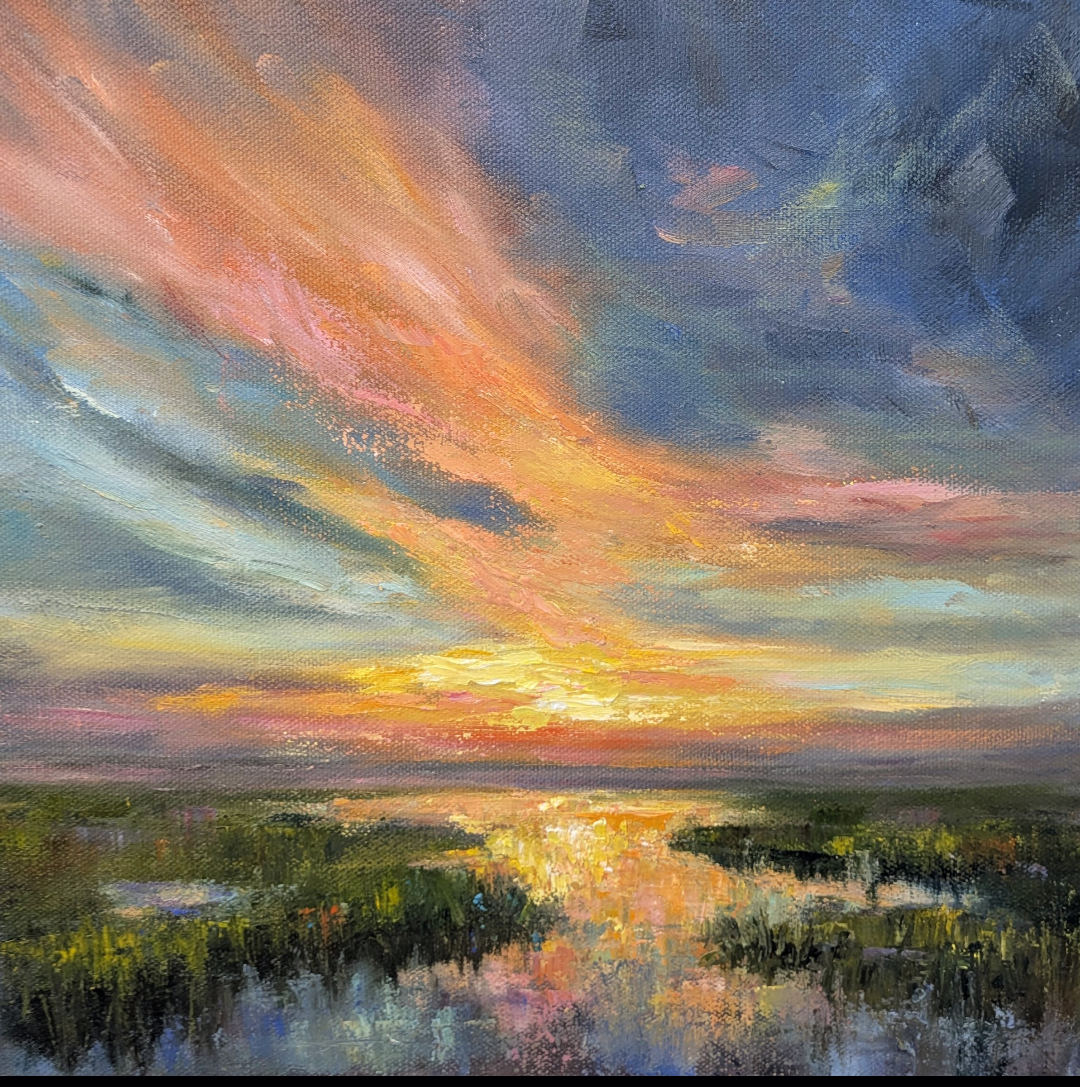 a painting of a sunset over a marsh