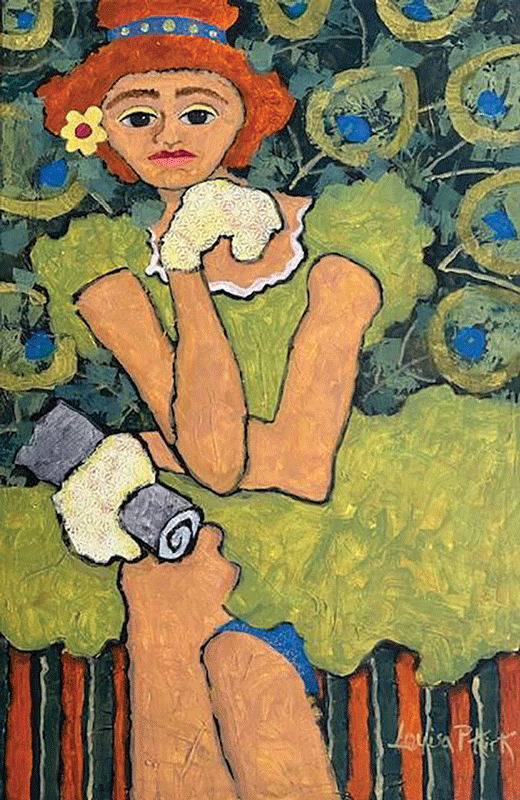 a painting of a woman with a paint can
