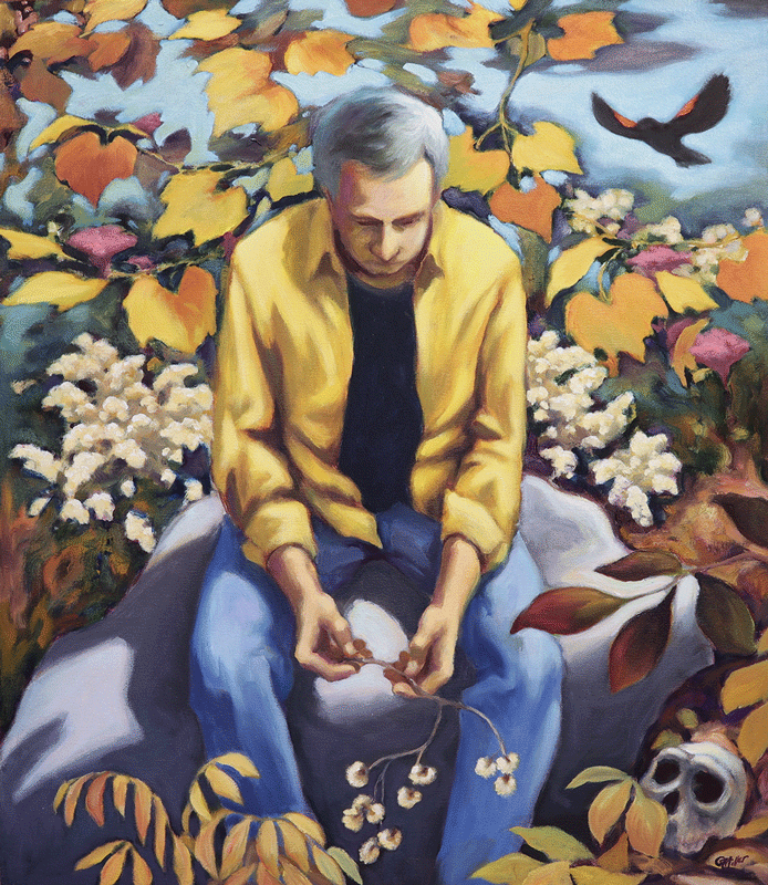 a painting of a man sitting on a rock