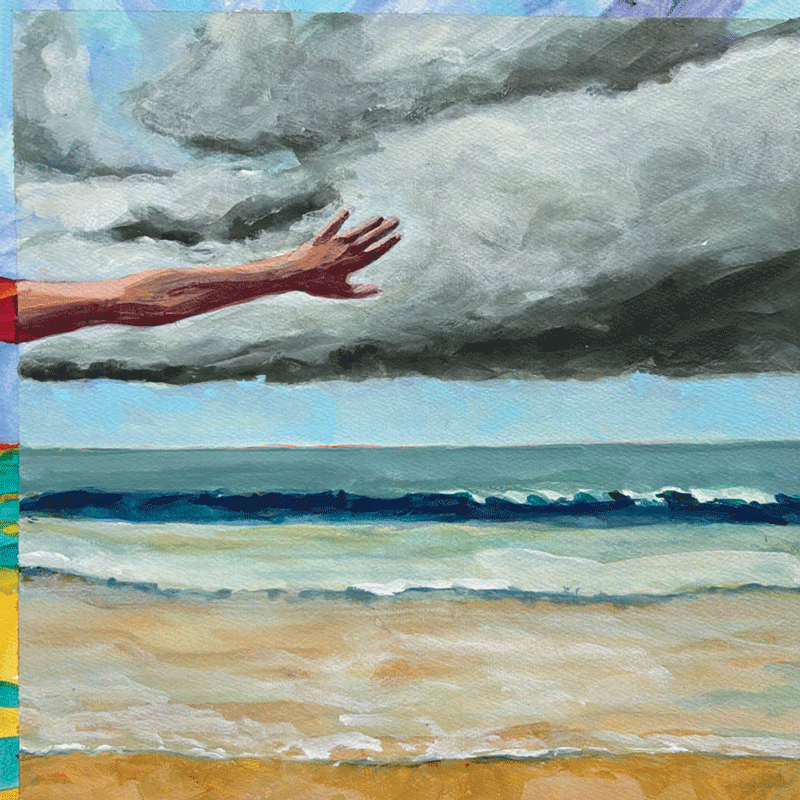 a painting of a beach and a hand reaching out