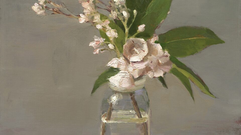 a painting of flowers in a glass vase