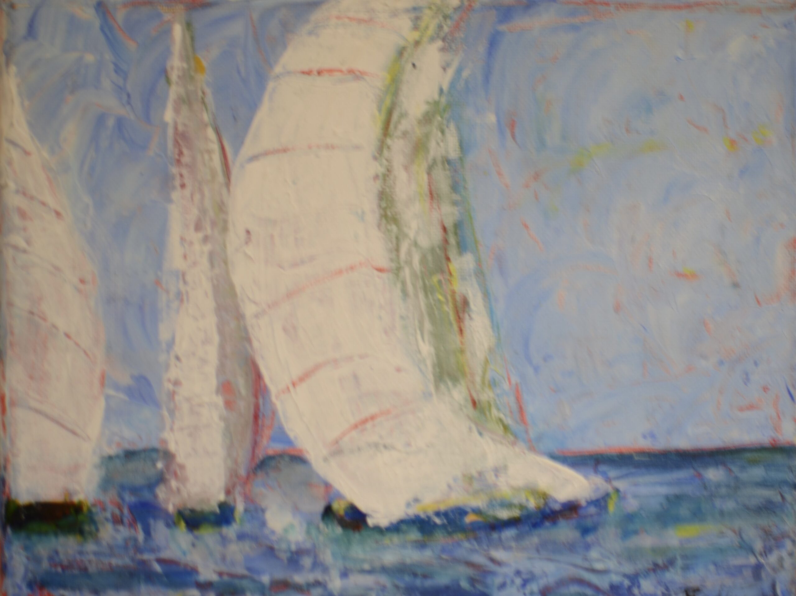 a painting of sailboats on the water