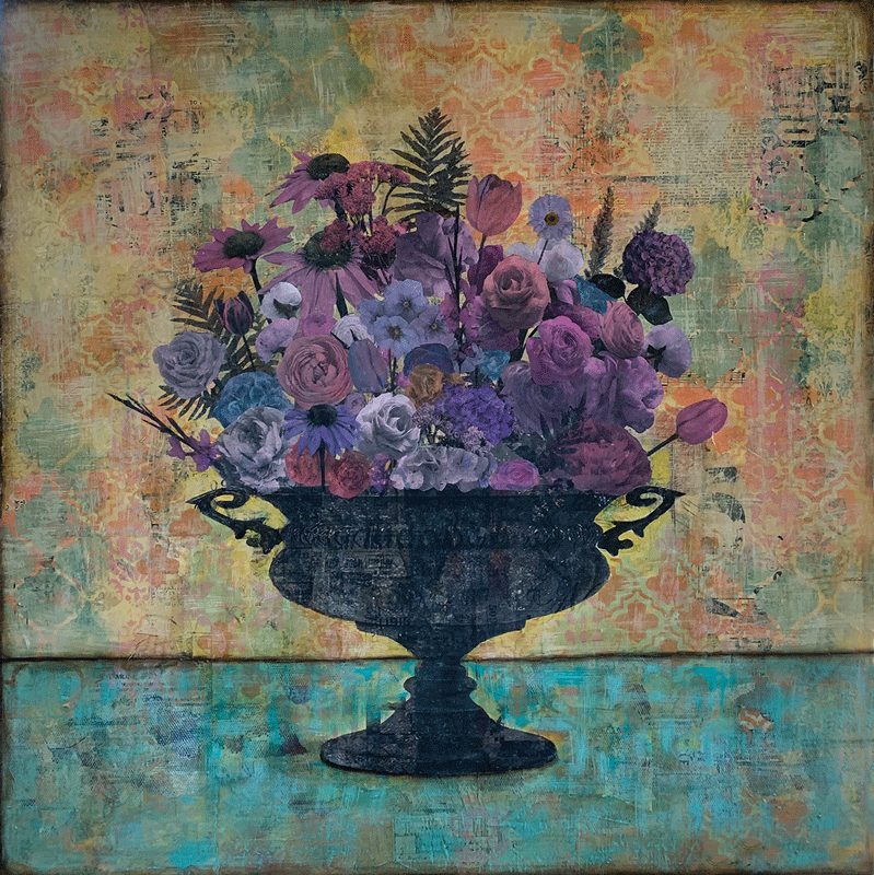 a painting of flowers in a vase