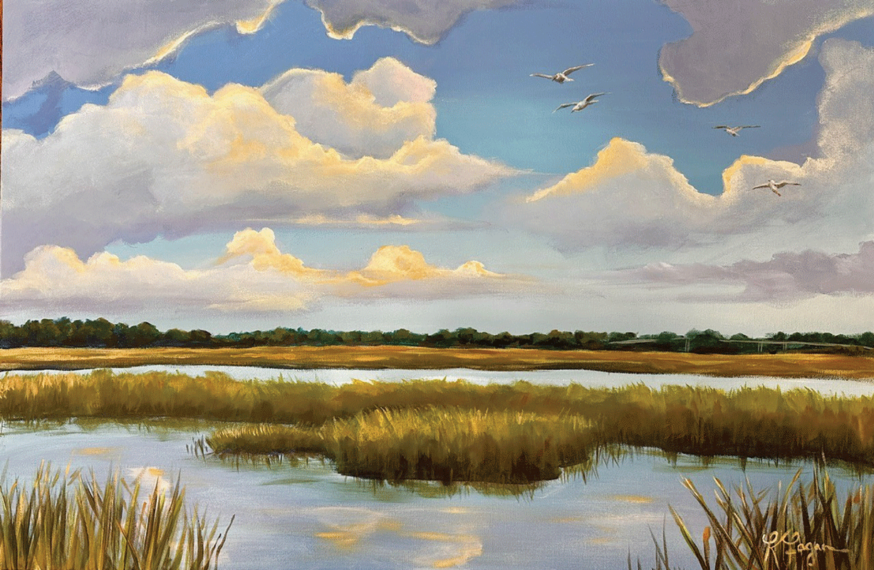 a painting of a marsh with birds flying in the sky