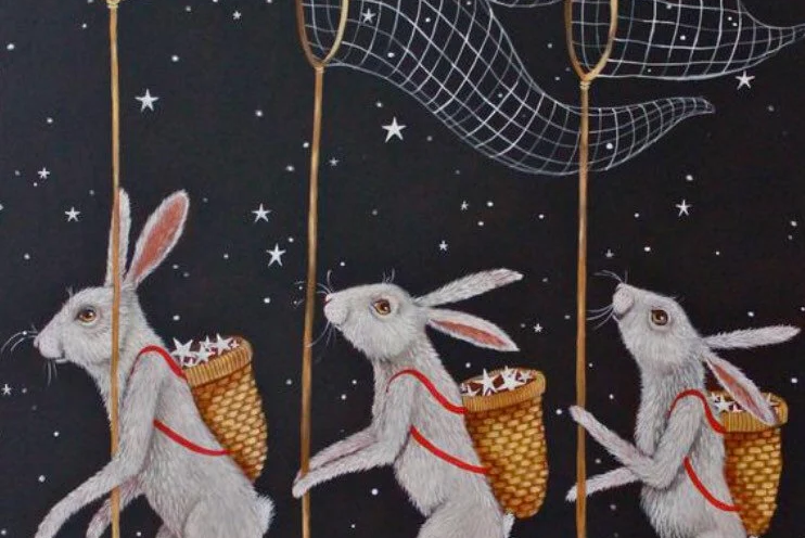 a painting of rabbits carrying baskets and a net