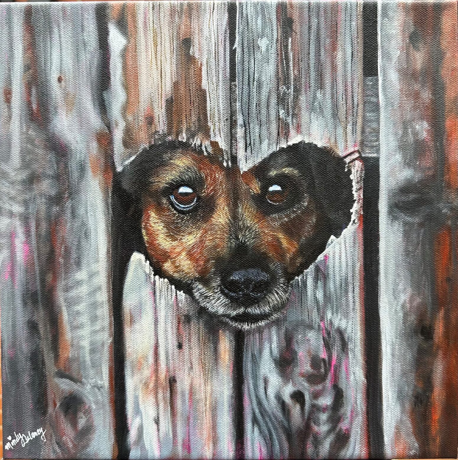 a dog looking through a hole in a wood fence