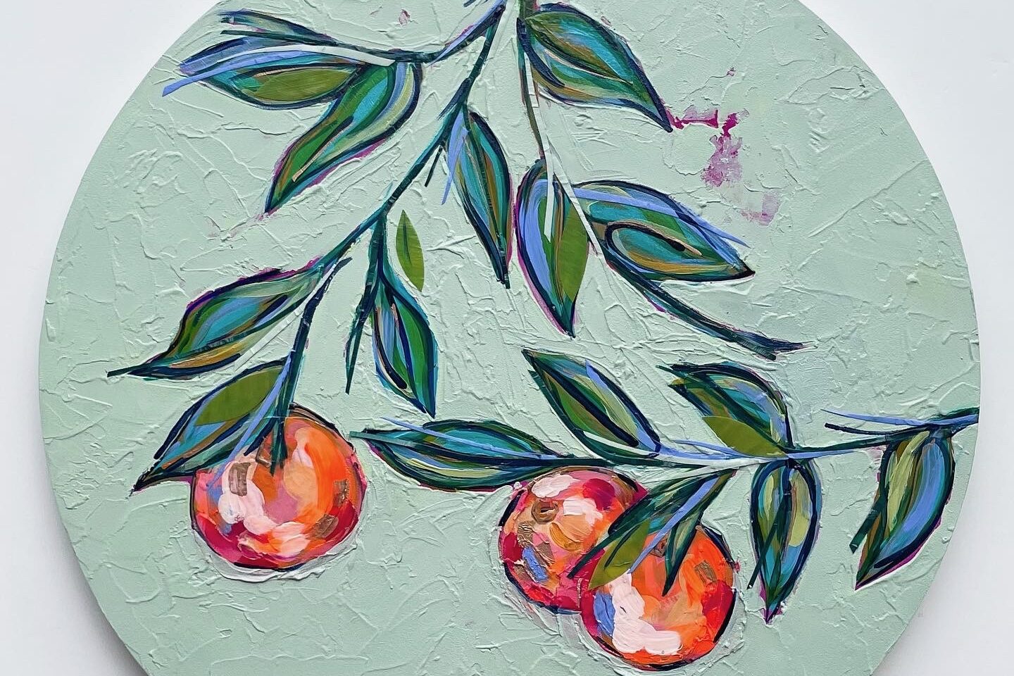 a painting of oranges on a branch