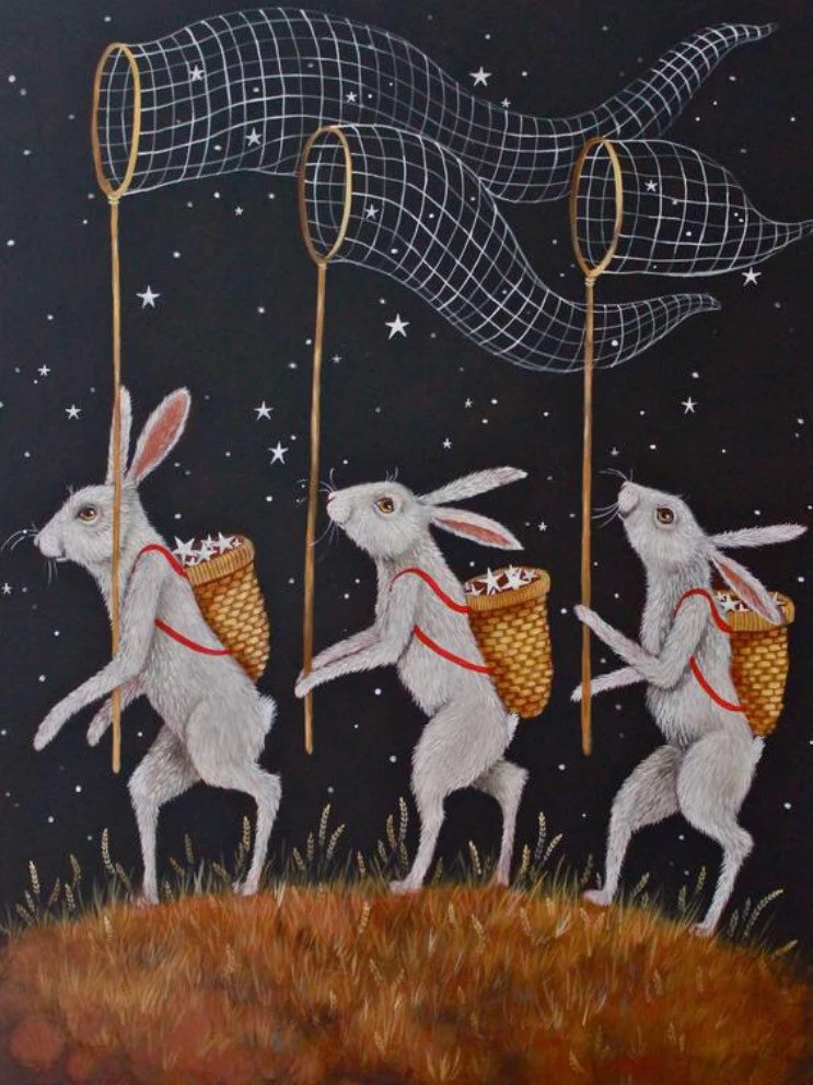 a painting of rabbits carrying baskets and net