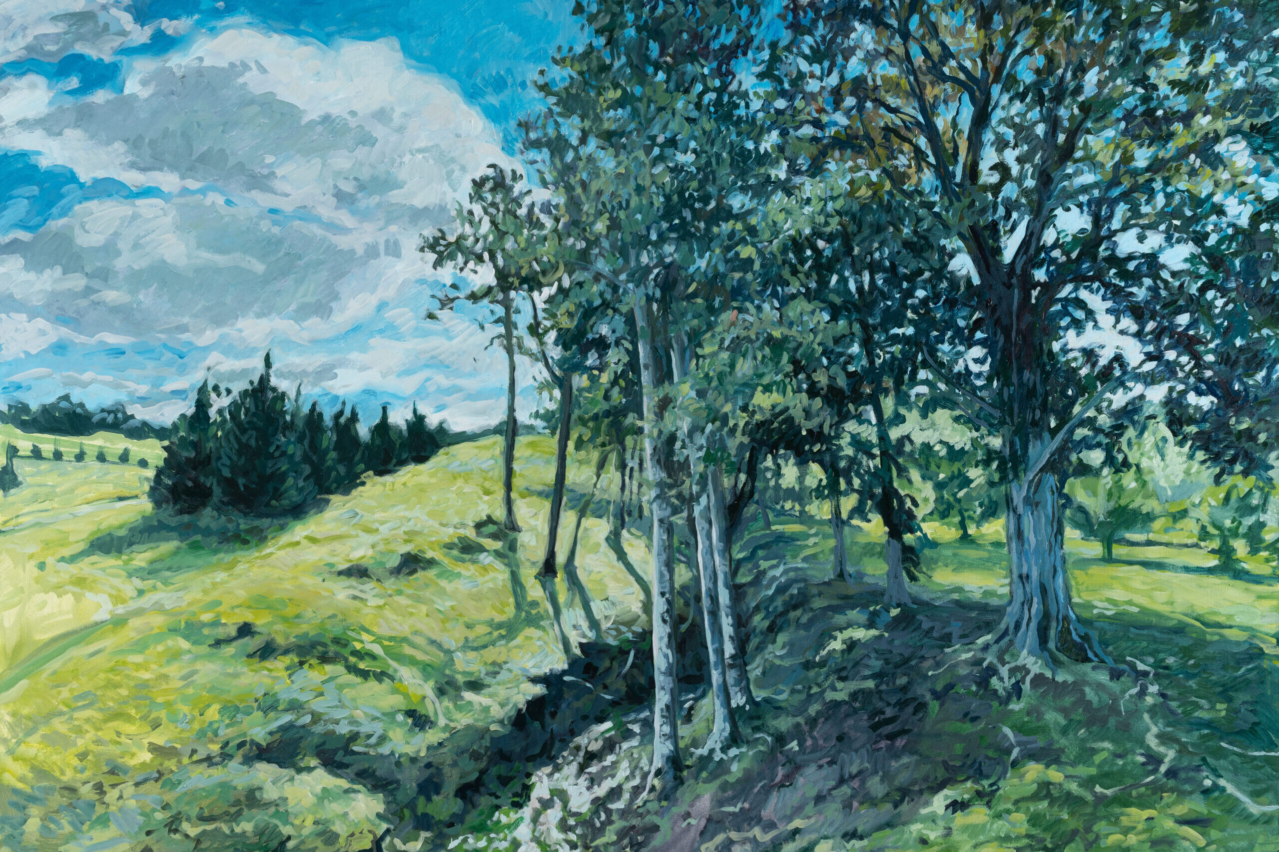 a painting of a landscape with trees and grass