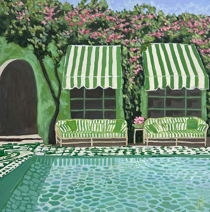 a painting of a pool with a green and white striped awning