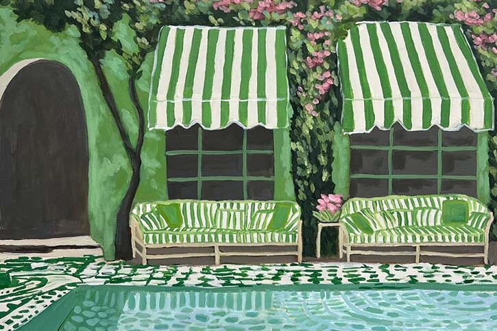 a painting of a pool with green and white striped awnings