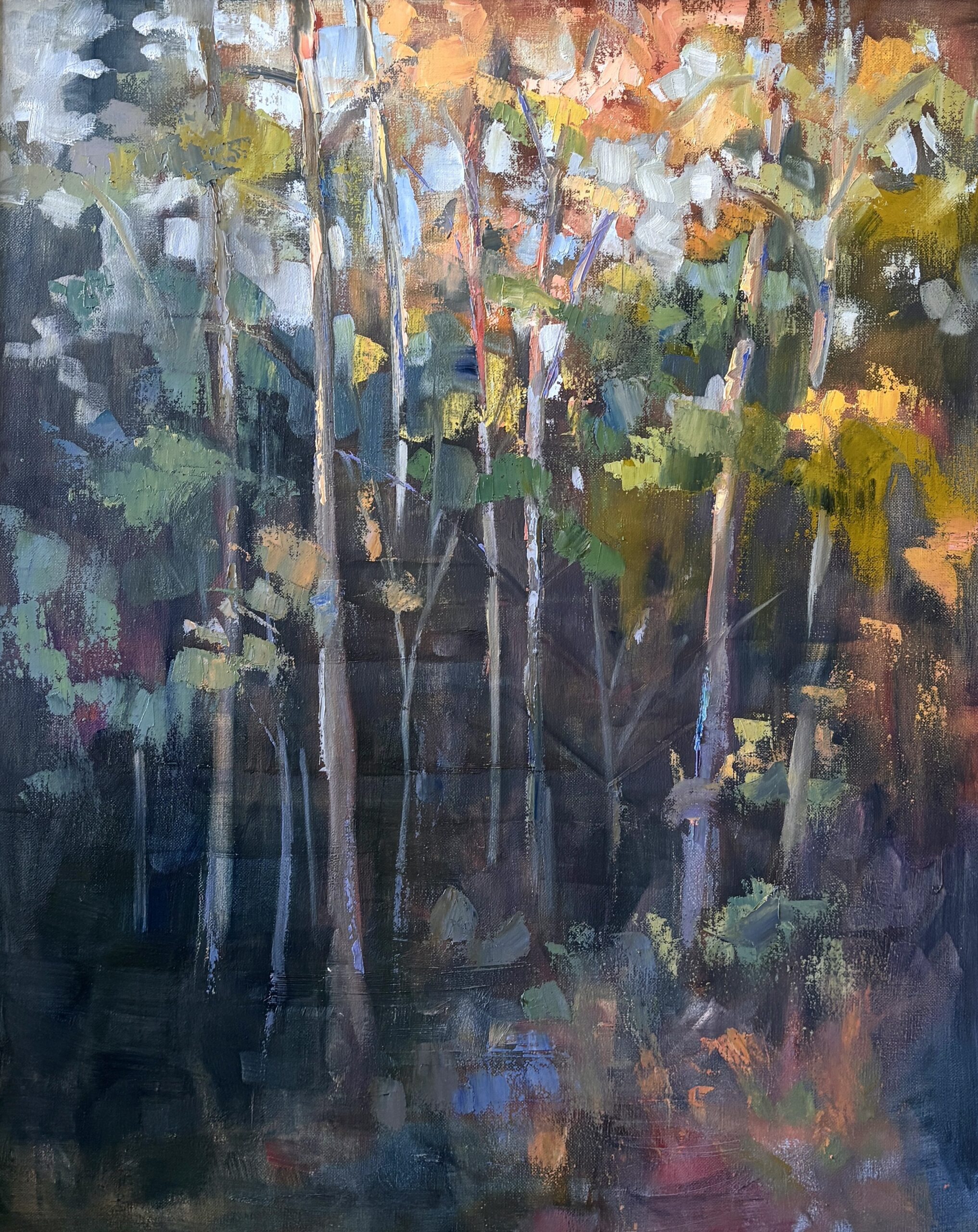 a painting of trees in the woods