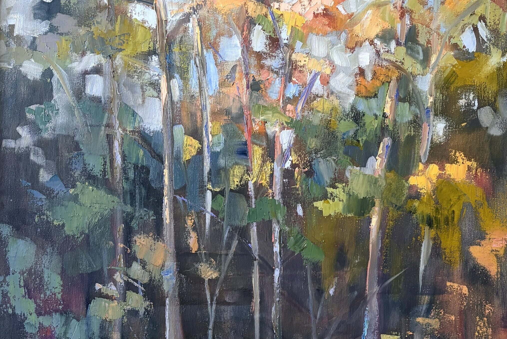 a painting of trees in the woods