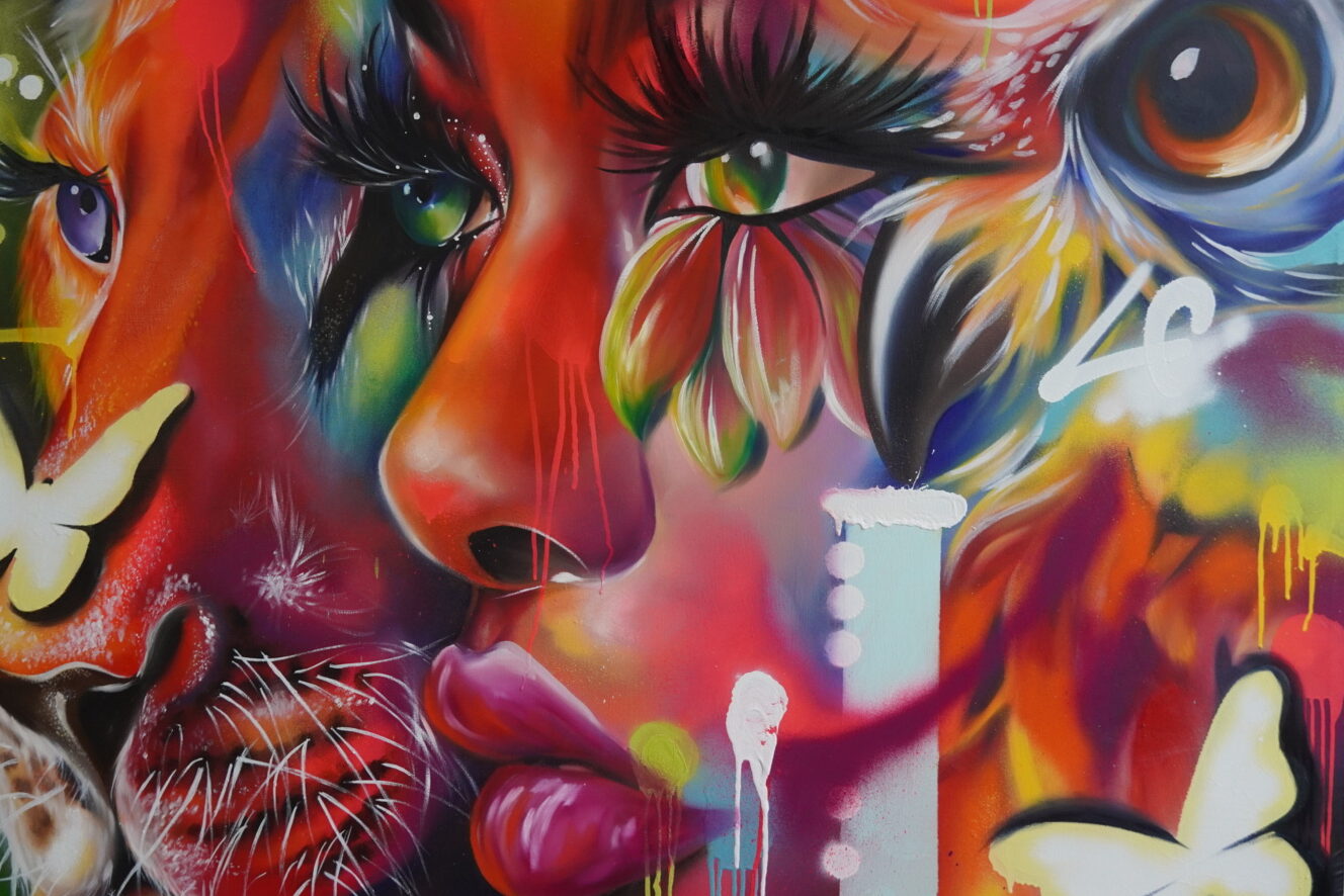 Colorful abstract animal mural artwork.