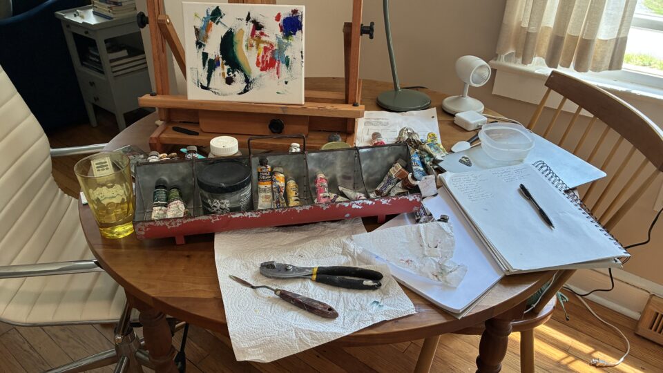 Art supplies on a wooden table