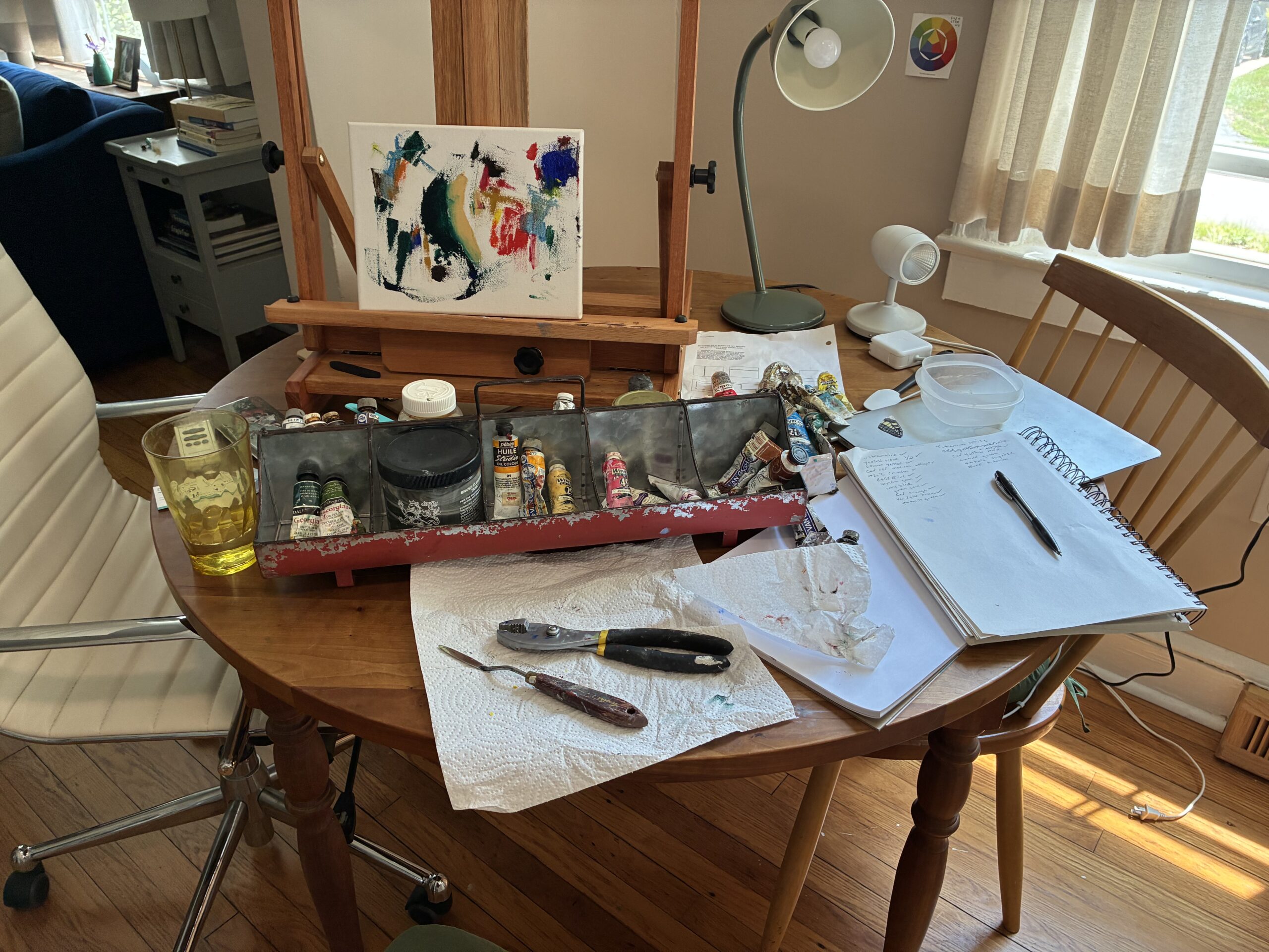 Art supplies on a wooden table