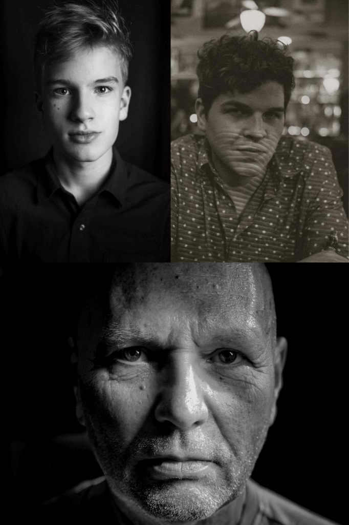 Two individuals in dark settings.