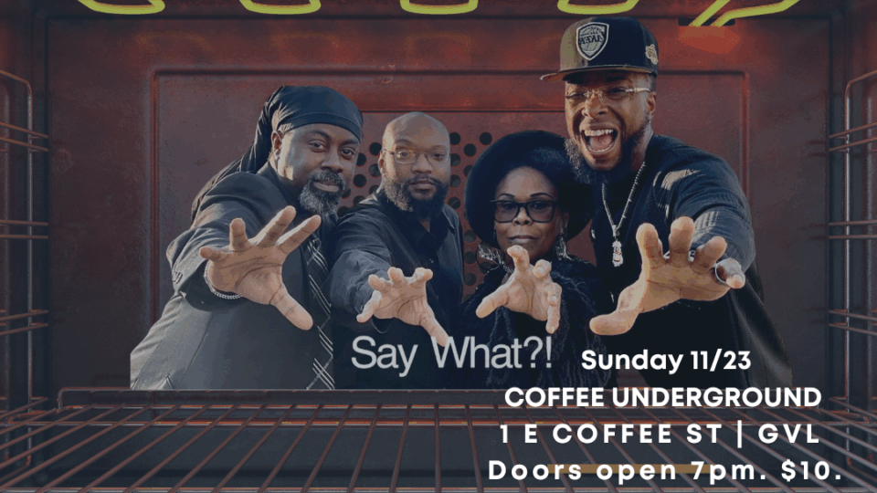 Poetry event announcement with performers.
