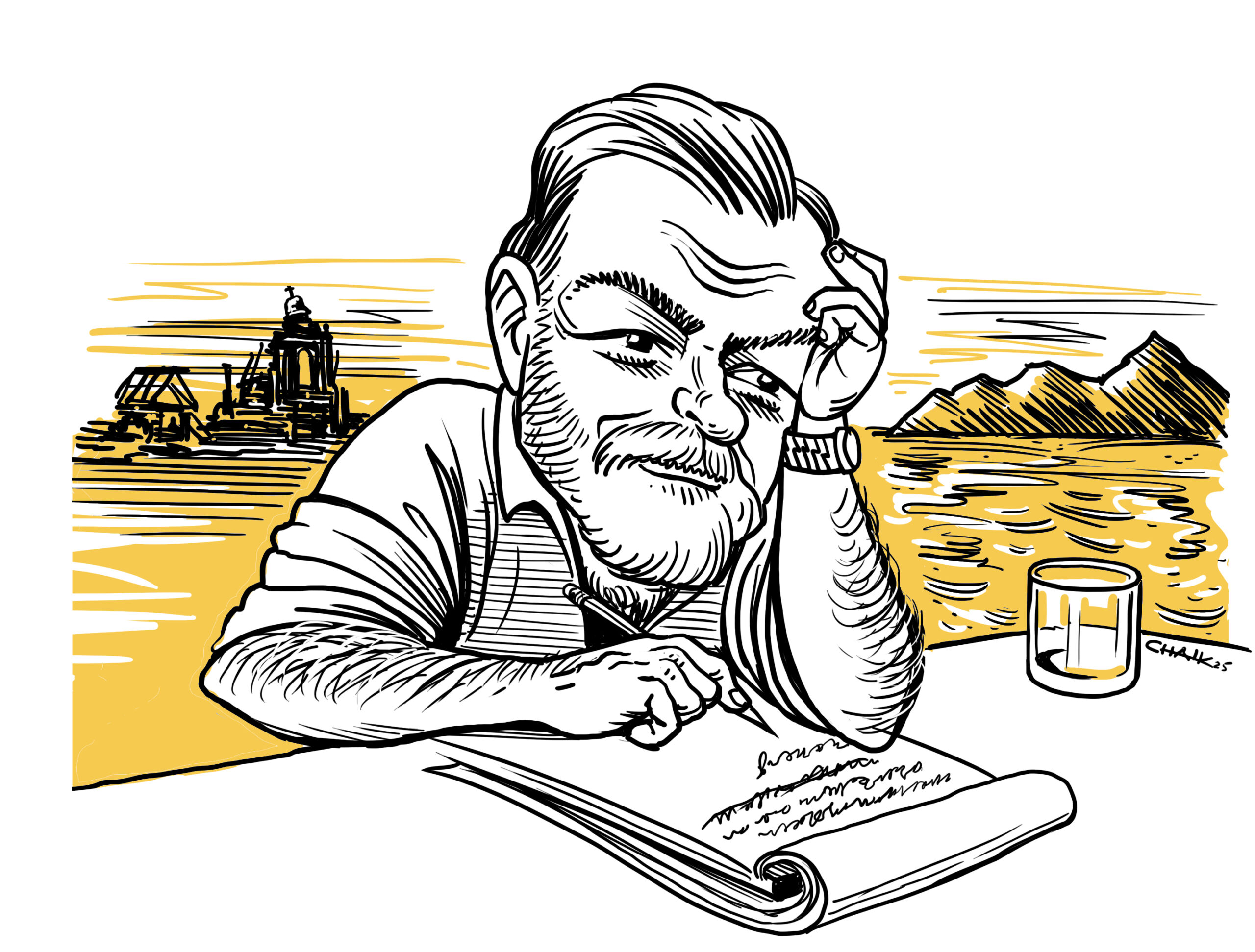 Person writing by the water.