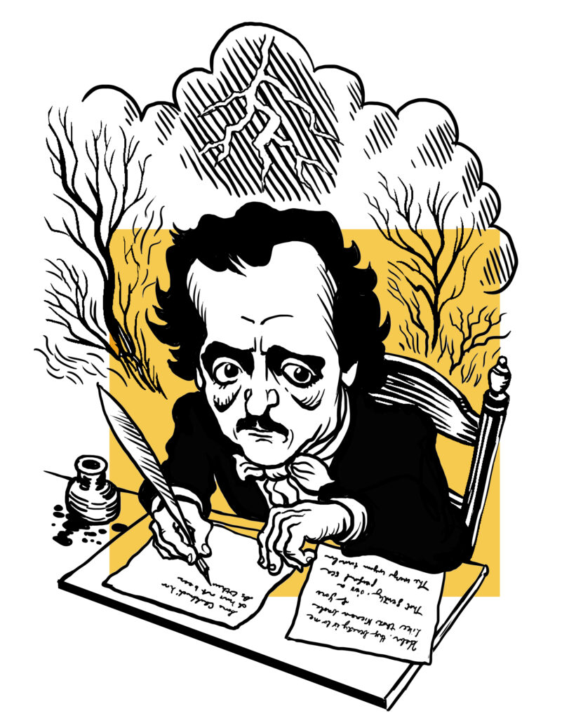 Edgar Allan Poe writing in darkness