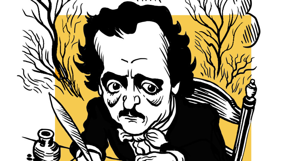 Edgar Allan Poe writing in darkness