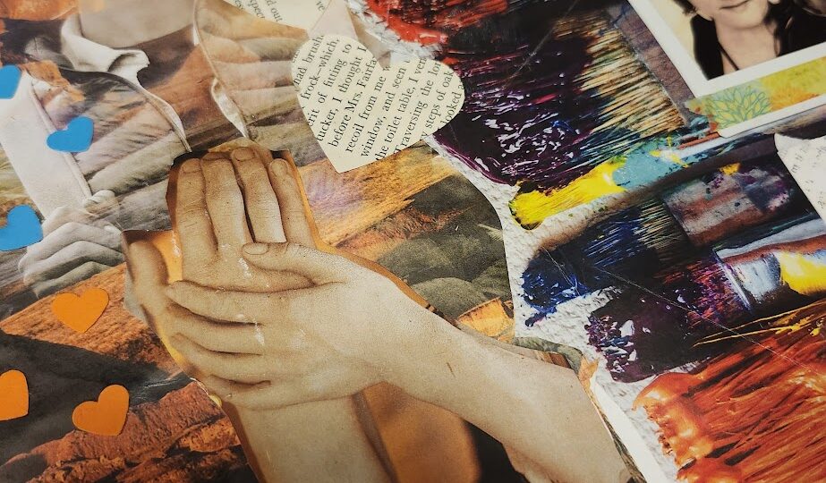 Collage of hands and colorful elements.