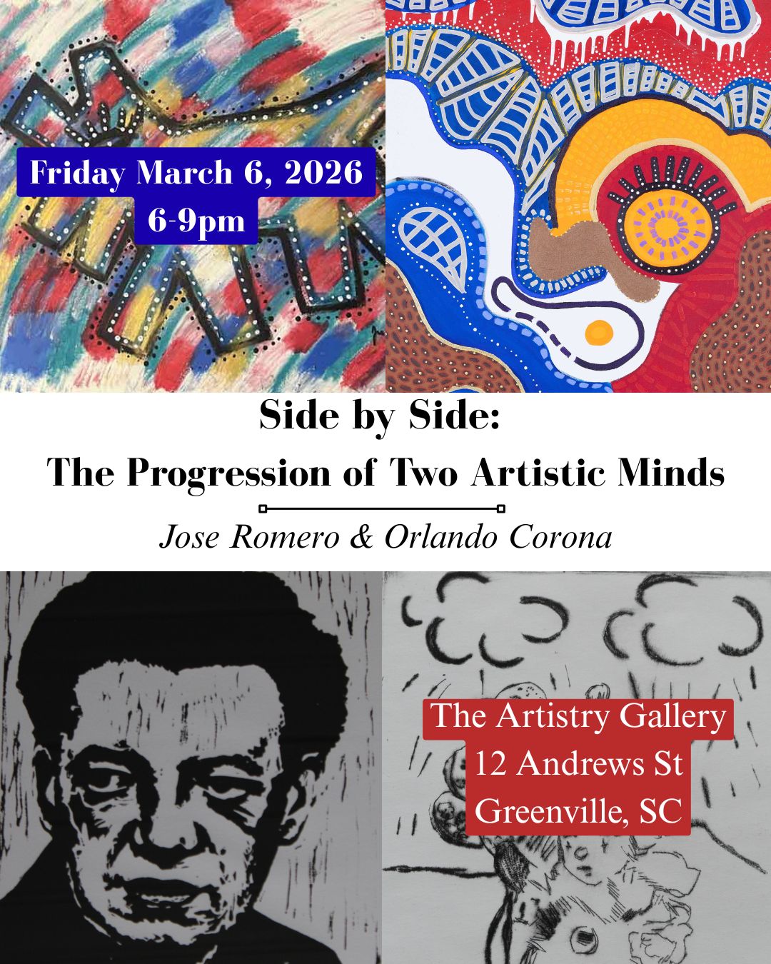 Art exhibit featuring two artists' works.