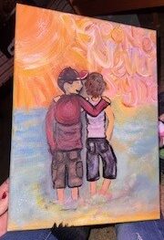 Two figures watching a sunset together