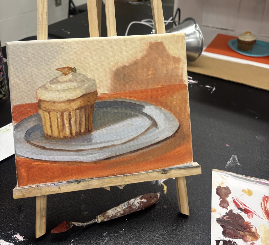 Painting of a cupcake on easel