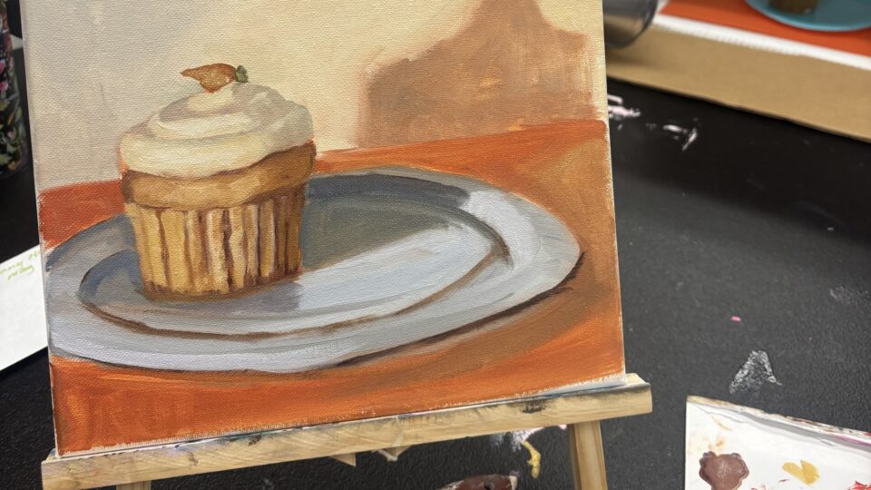 Painting of a cupcake on easel