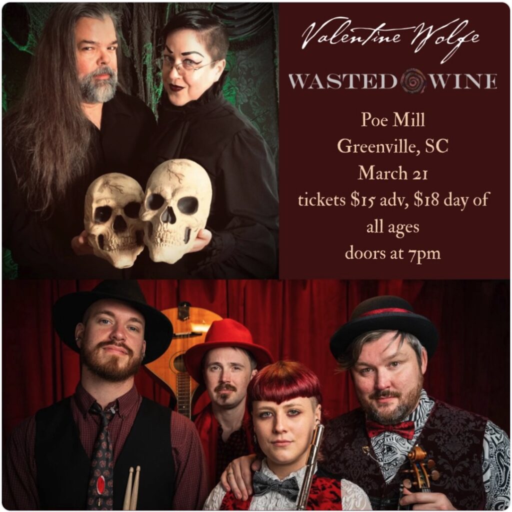 Musicians holding skulls, event promotion.