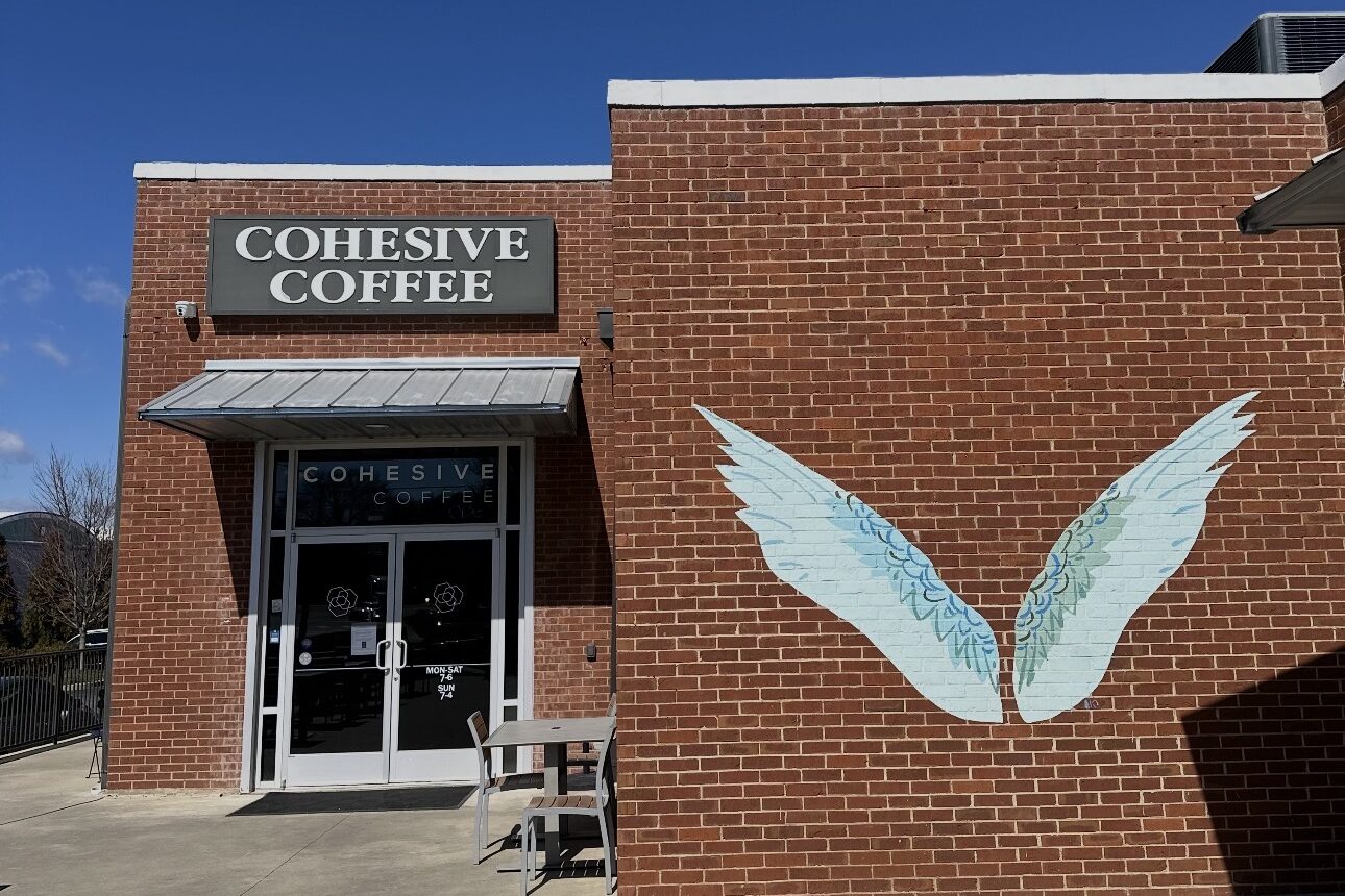 Coffee shop with wing mural