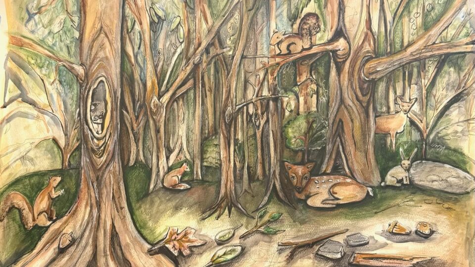 Whimsical forest scene with animals.