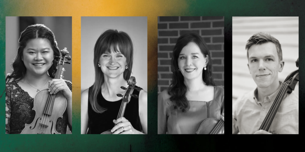 Four musicians holding string instruments