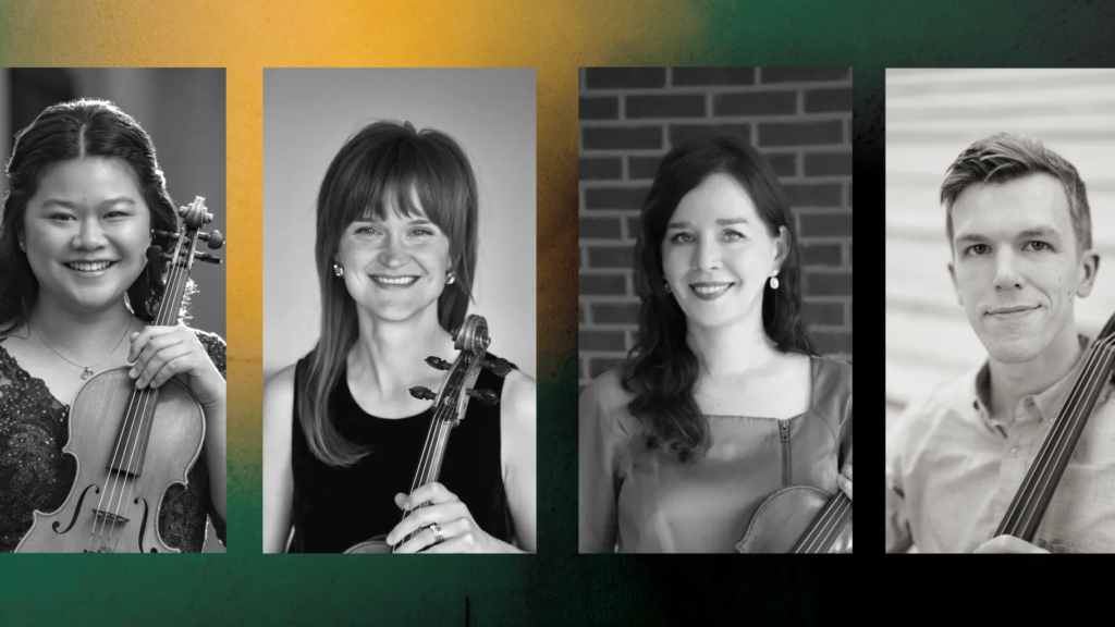 Four musicians with violins, smiling.
