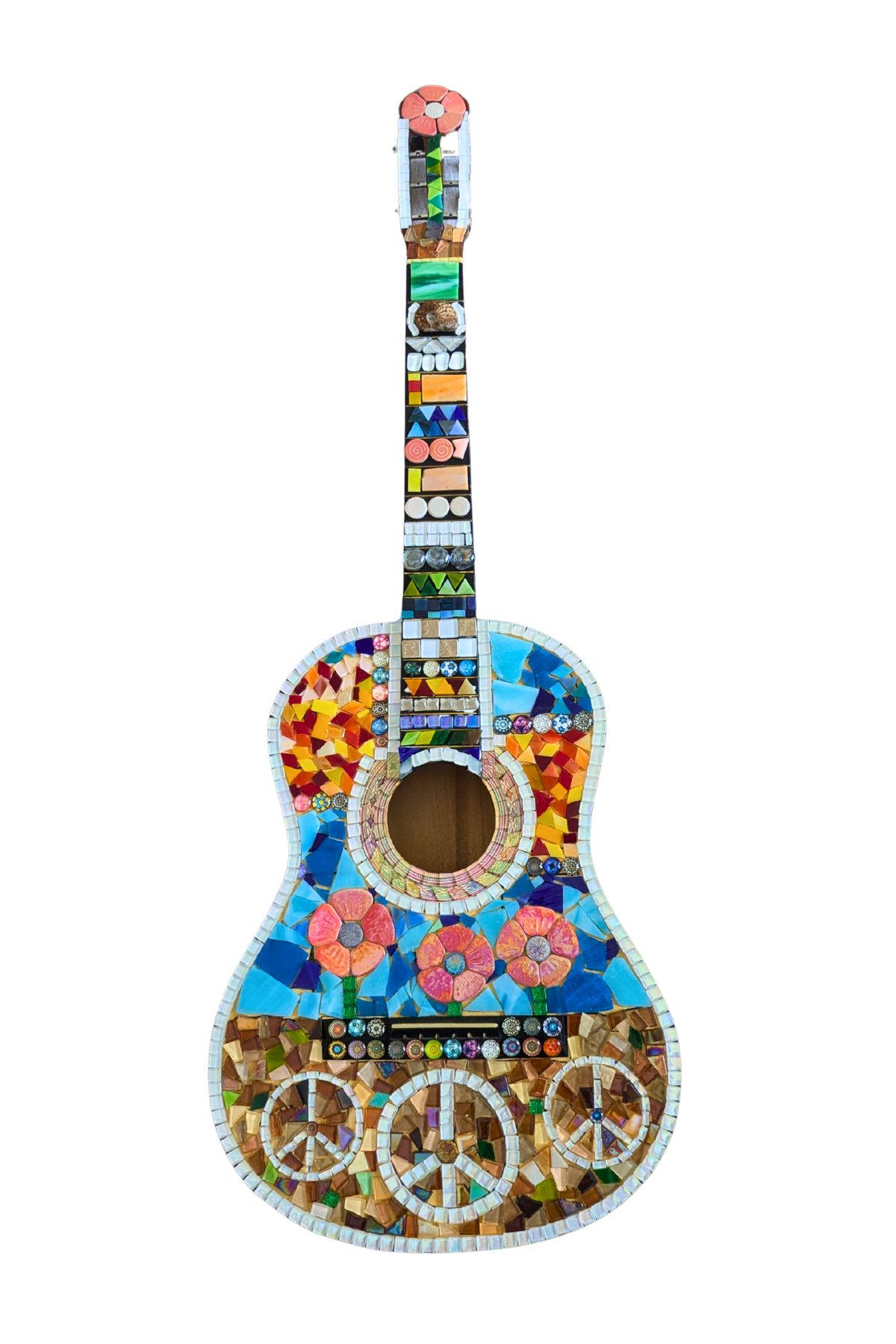 Colorful mosaic guitar with peace symbols