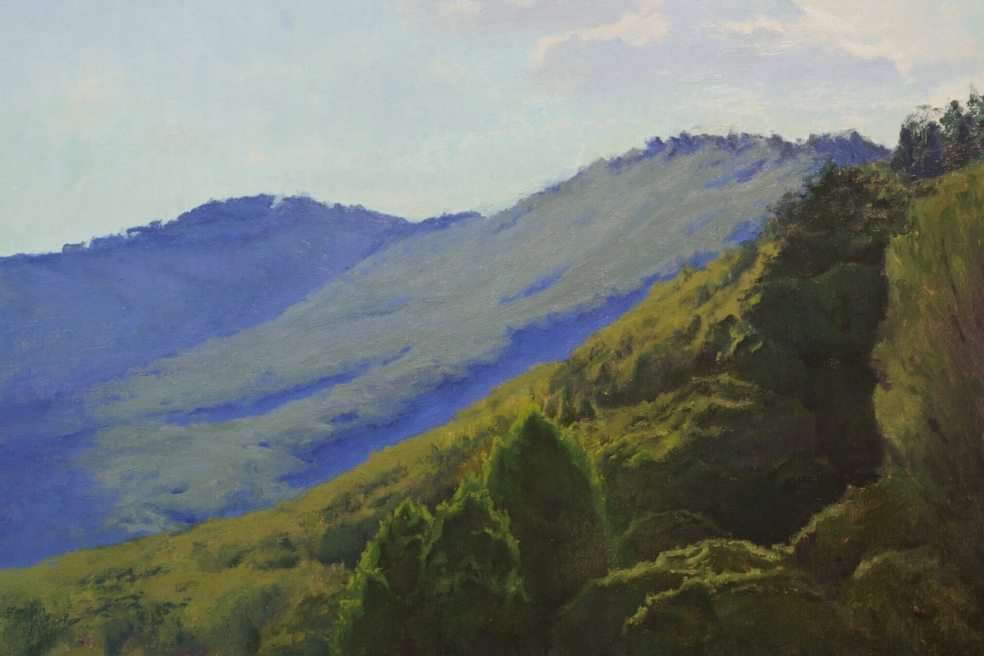Lush green hills under blue sky.