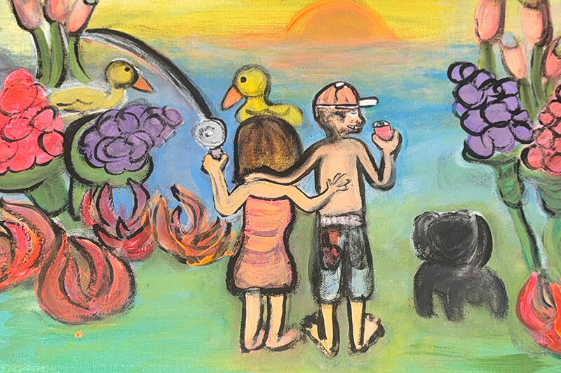 painting of a man and woman in front of water