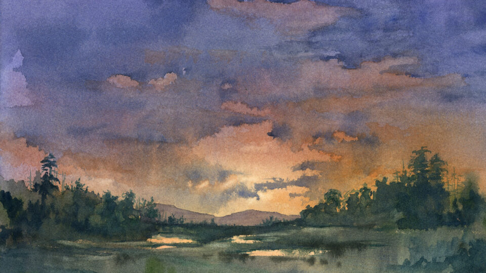 water color of a mountain and blue skies