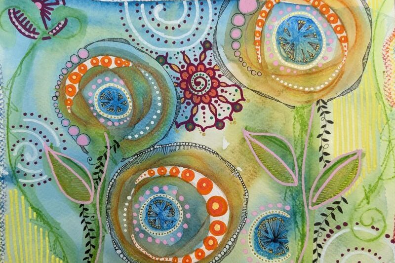 Colorful abstract flowers on blue background