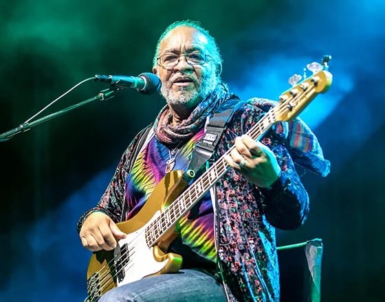 Musician playing bass guitar on stage