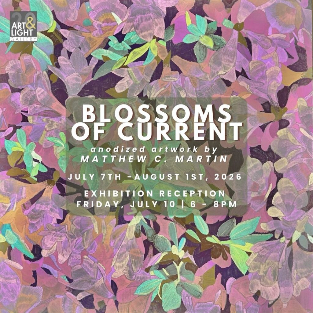 Art exhibition announcement with flowers.