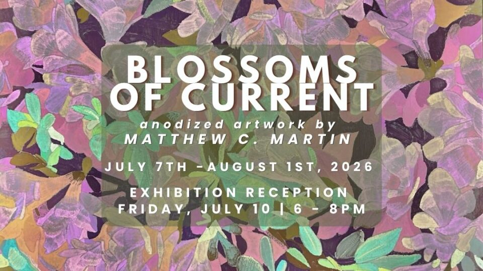 Art exhibition announcement with flowers.