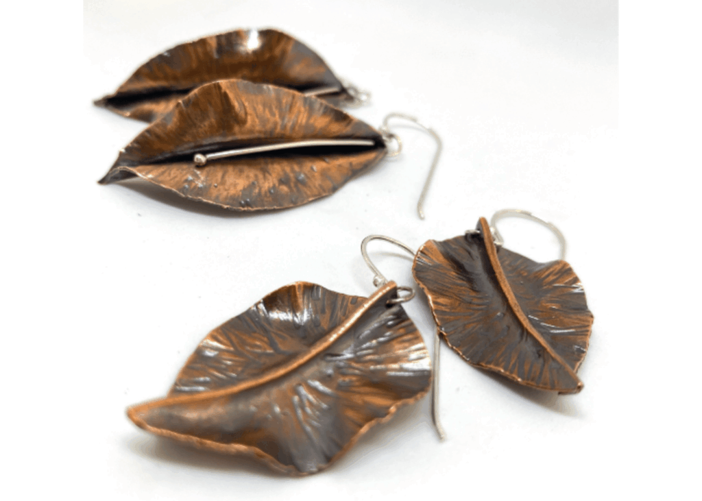 Copper leaf earrings with silver hooks